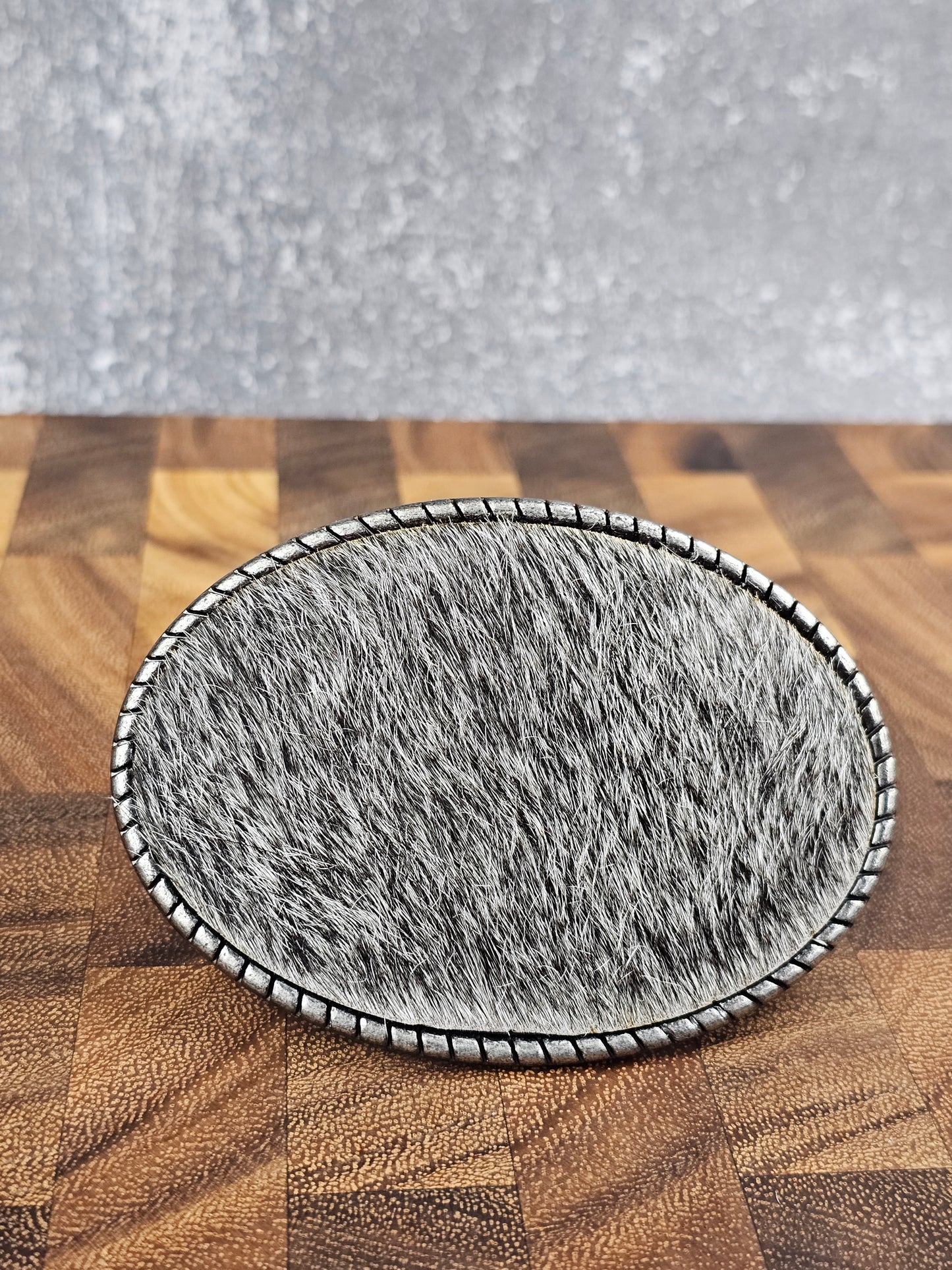 Cowhide Belt Buckle - Salt and Pepper Hair-On Cowhide/ Silver Rope