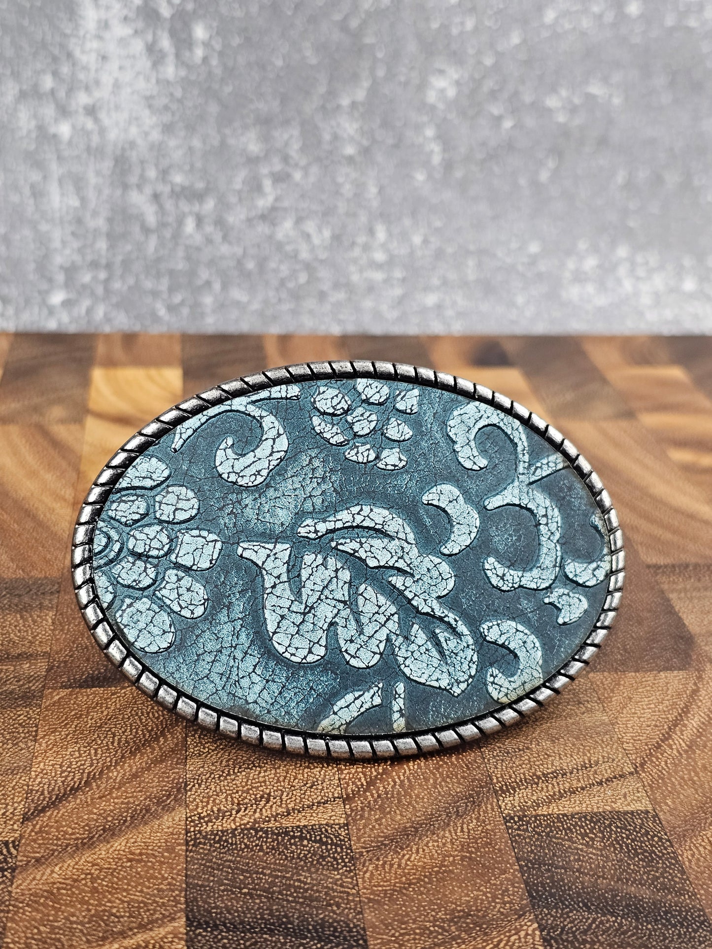 Cowhide Belt Buckle - Teal Floral/ Silver Rope
