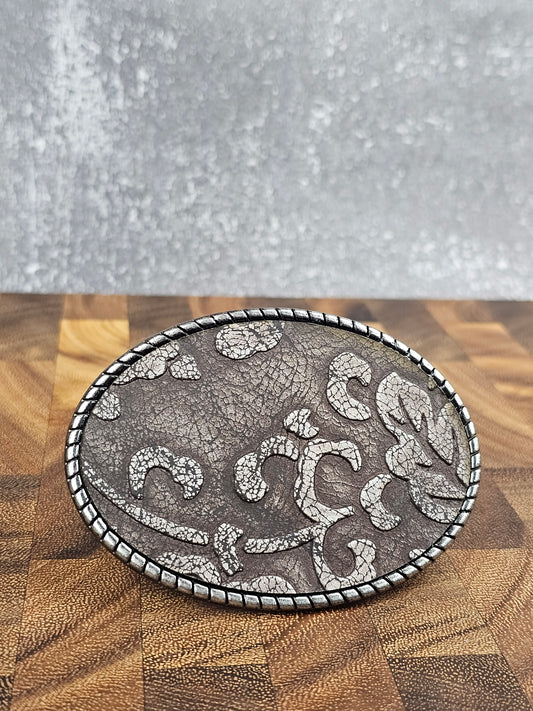 Cowhide Belt Buckle - Brown Floral/ Silver Rope