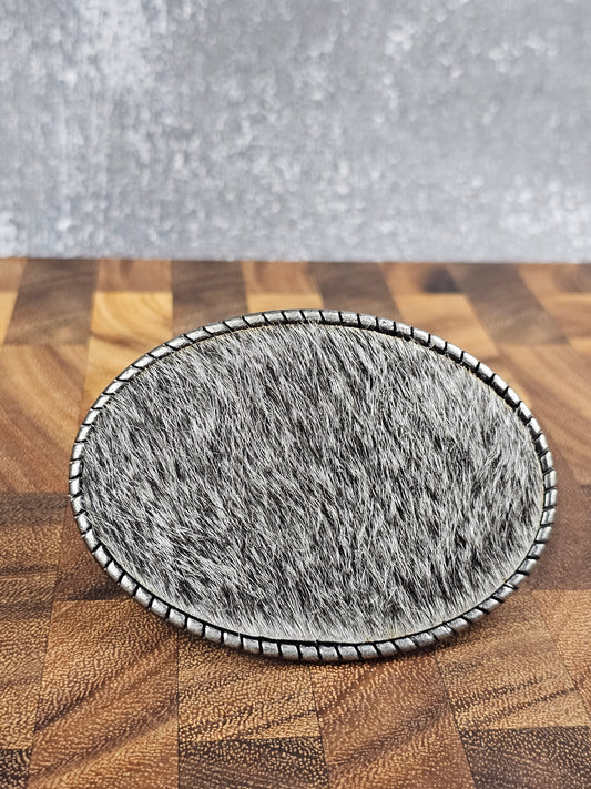 Cowhide Belt Buckle - Salt and Pepper Hair-On Cowhide/ Silver Rope