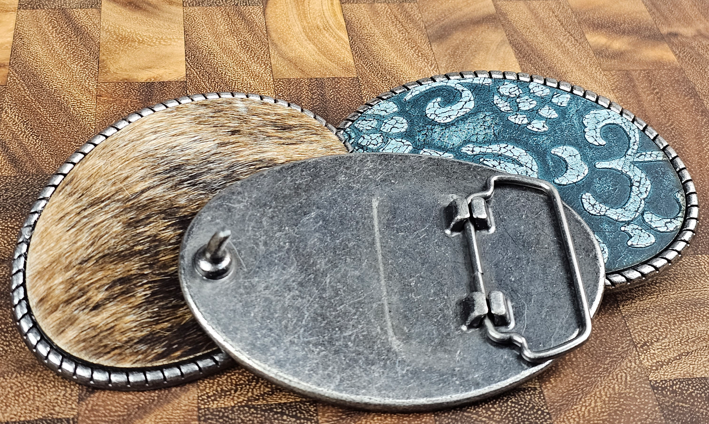 Cowhide Belt Buckle - Salt and Pepper Hair-On Cowhide/ Silver Rope