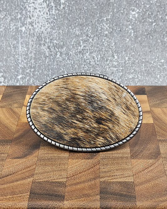 Cowhide Belt Buckle - Brown and Tan Hair-On Cowhide/ Silver Rope