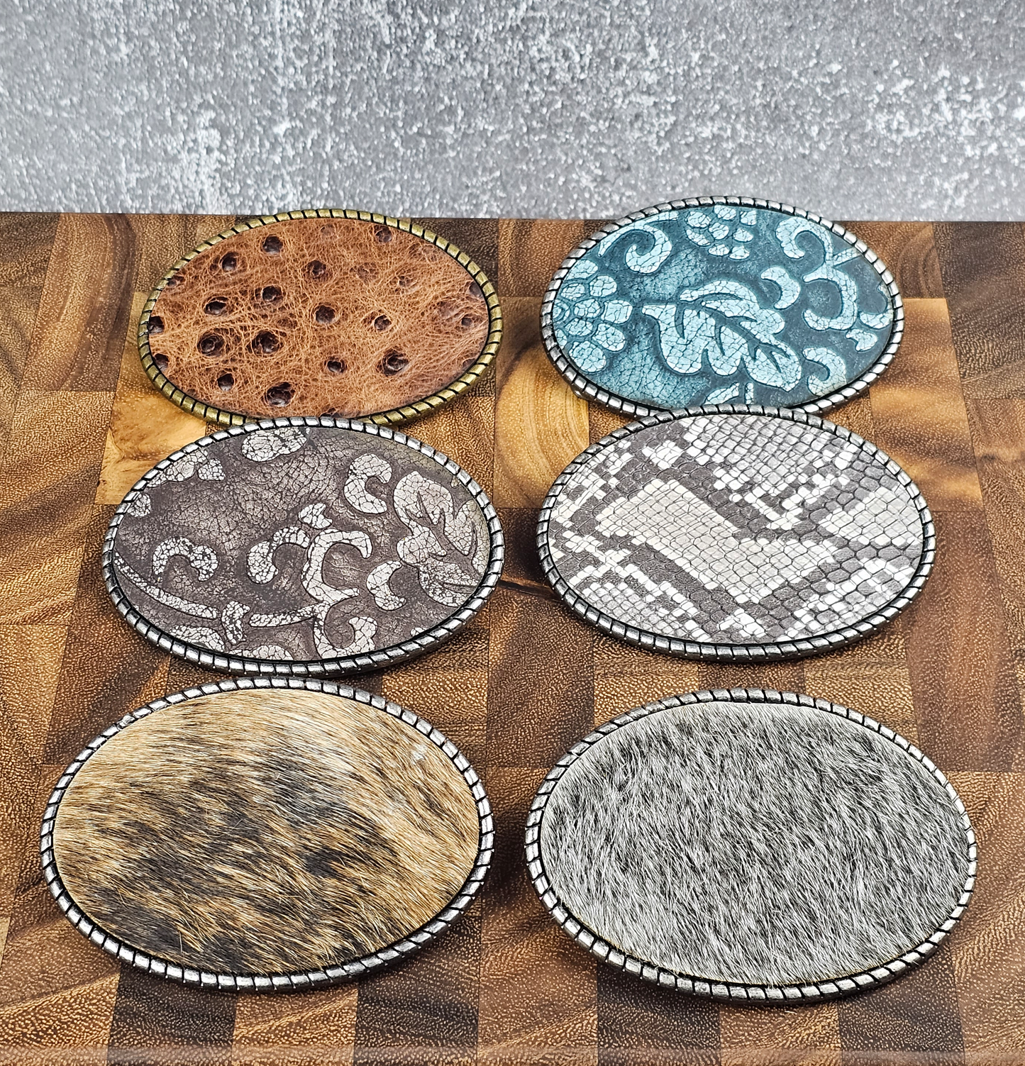 Cowhide Belt Buckle - Brown and Tan Hair-On Cowhide/ Silver Rope